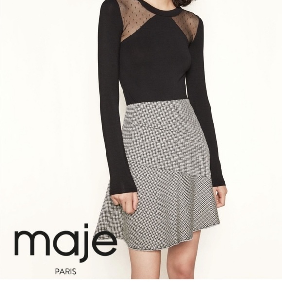 Maje Black White Houndstooth Asymmetric Mini Skirt - Picture 1 of 10
